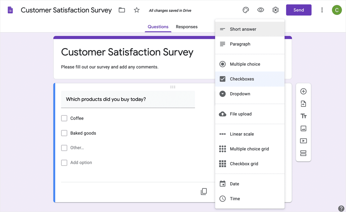 Interface de création de formulaires Google