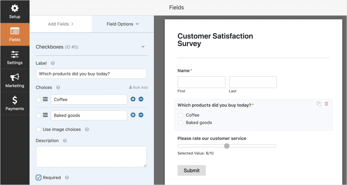 Interface do construtor de formulários WPForms