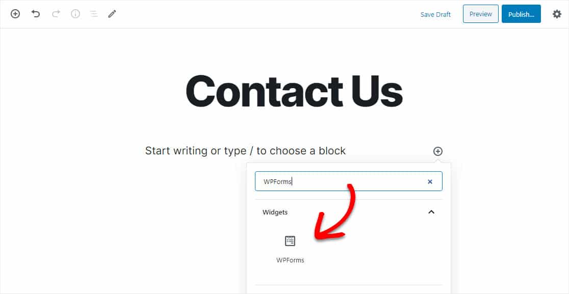 sélectionnez le widget wpforms pour publier le formulaire wordpress pardot