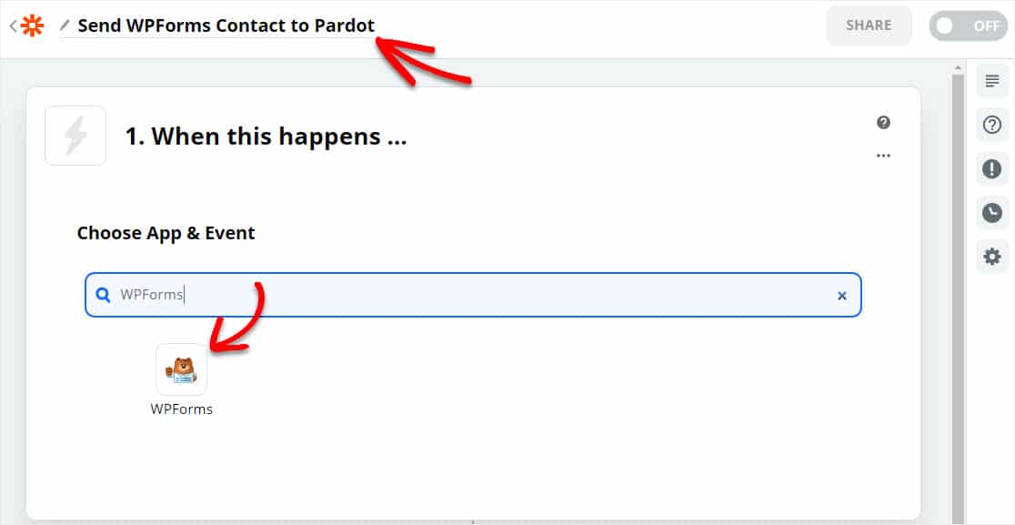 sélectionnez wpforms dans zapier pour la connexion au formulaire pardot