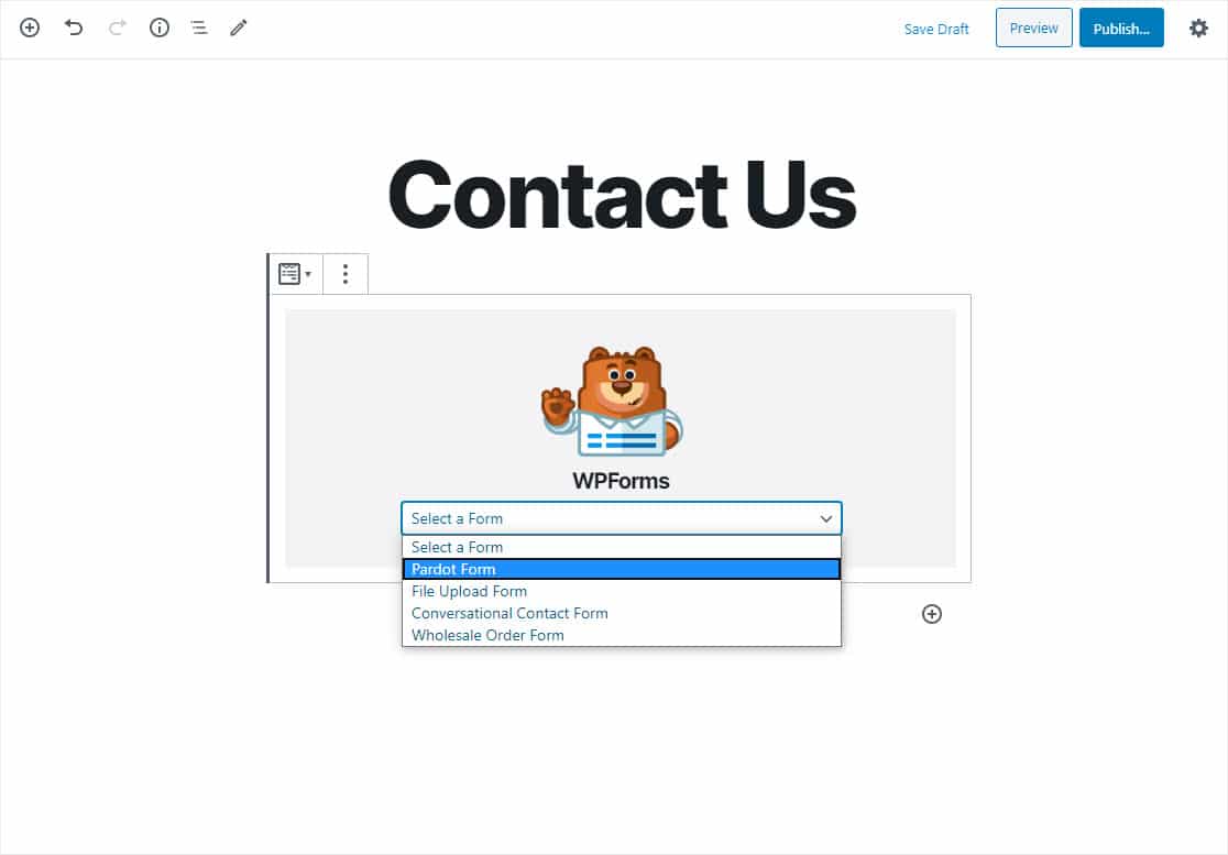 selectați forma pardot wordpress în meniul derulant wpforms