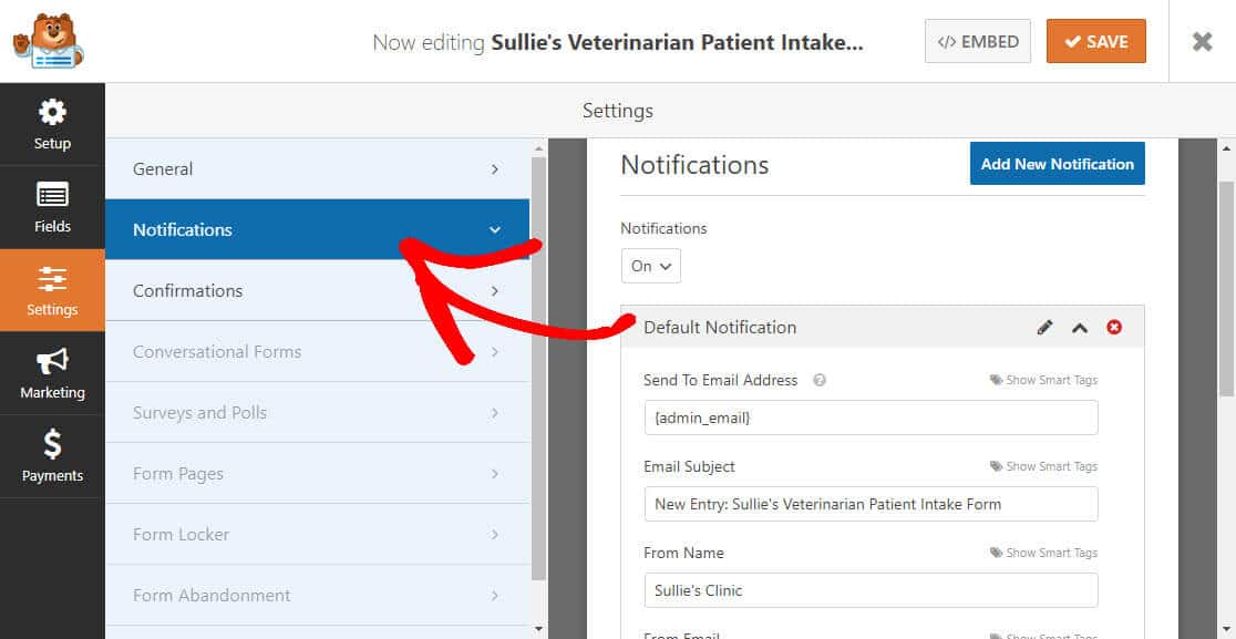 Notifiche Modulo di accettazione del paziente veterinario