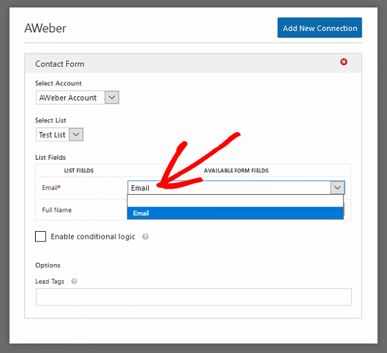 Configuración de conexión del formulario de contacto de AWeber WordPress