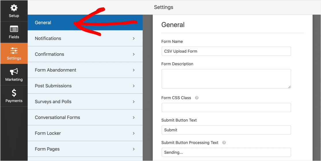 Configurações gerais do formulário de upload de CSV