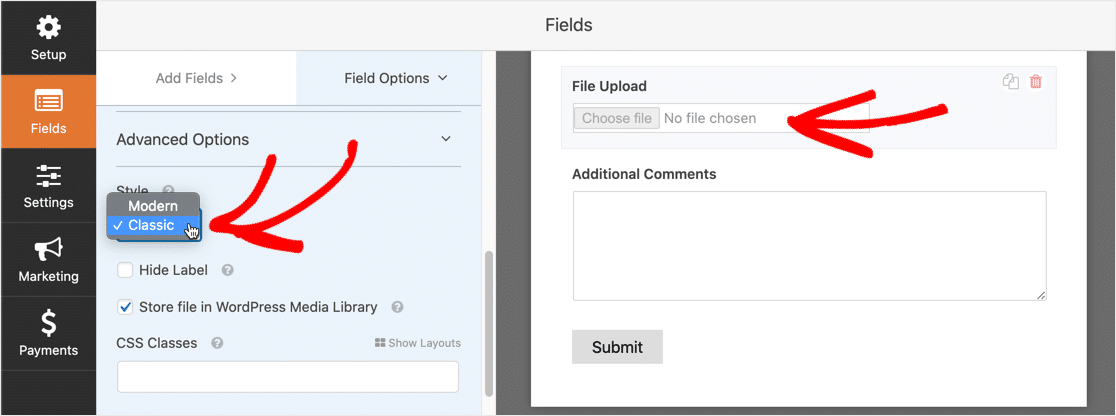 Mudar para o campo Classic File Upload