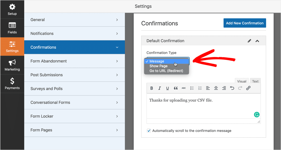 Configura il messaggio di conferma del caricamento del file CSV