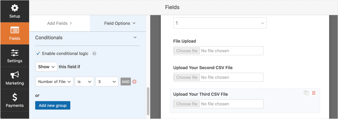 第三個 CSV 上傳字段的條件邏輯