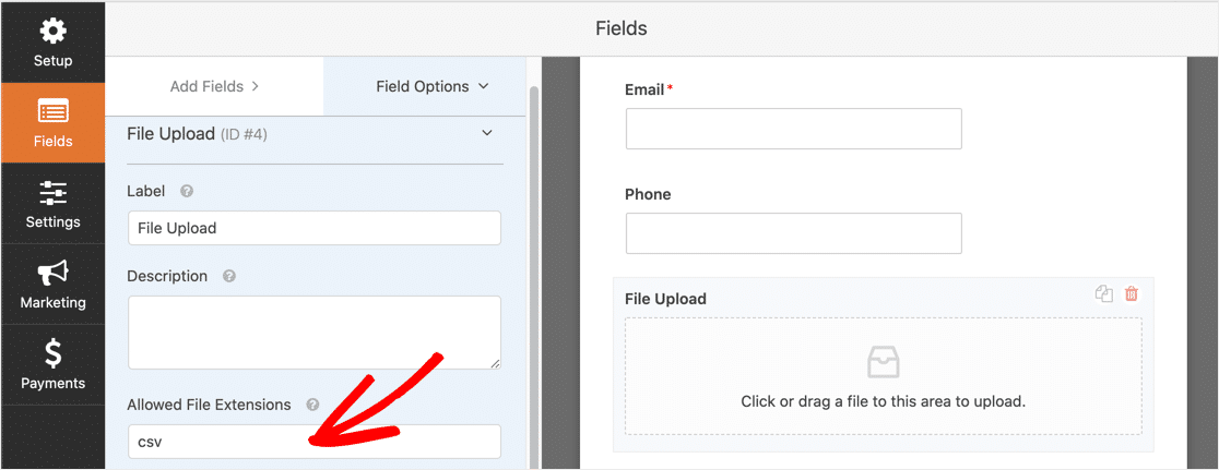 Consenti il ​​caricamento di file CSV in WordPress WPForms