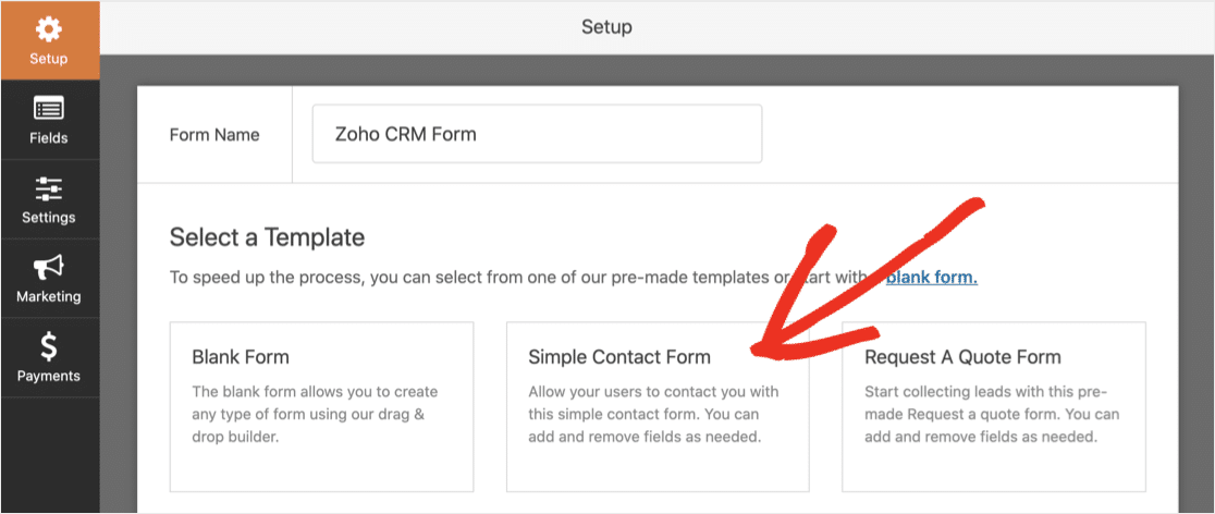 Seleziona il modello di modulo di contatto WPForms