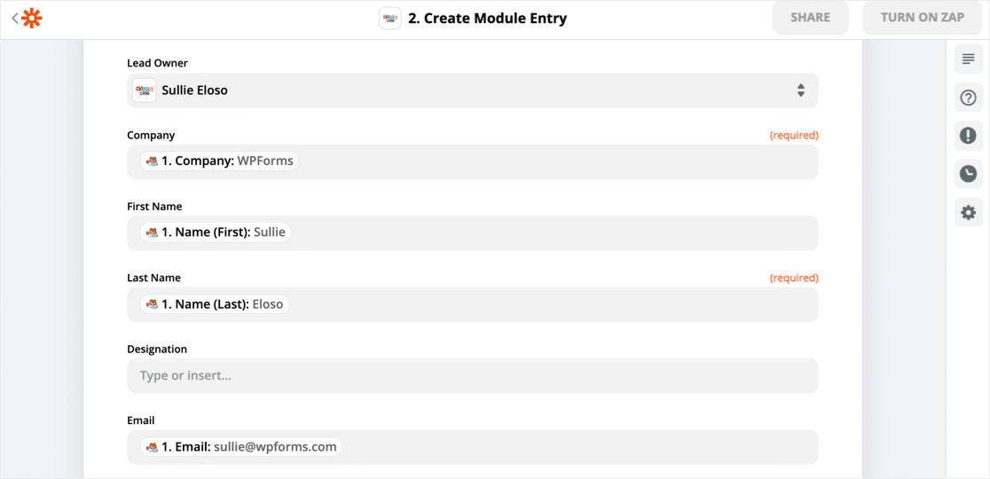 Zuordnen von WPForms-Feldern zu Zoho CRM