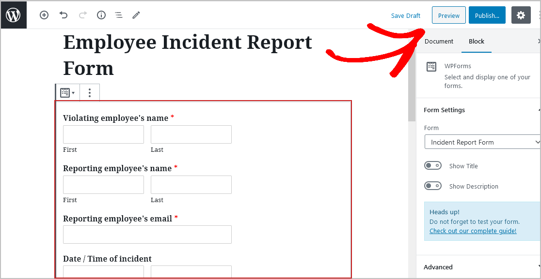 Anteprima modulo di replica dell'incidente