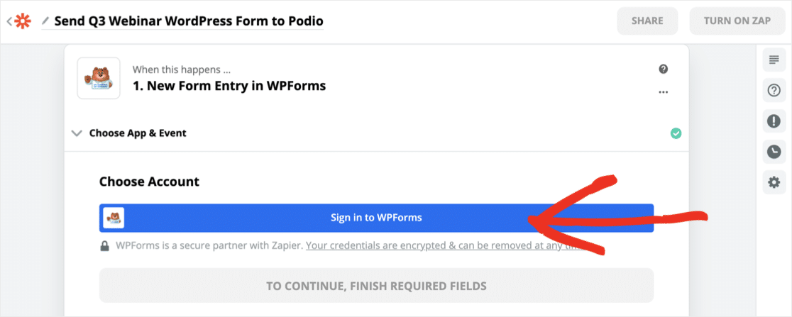 سجّل الدخول إلى WPForms في Zapier