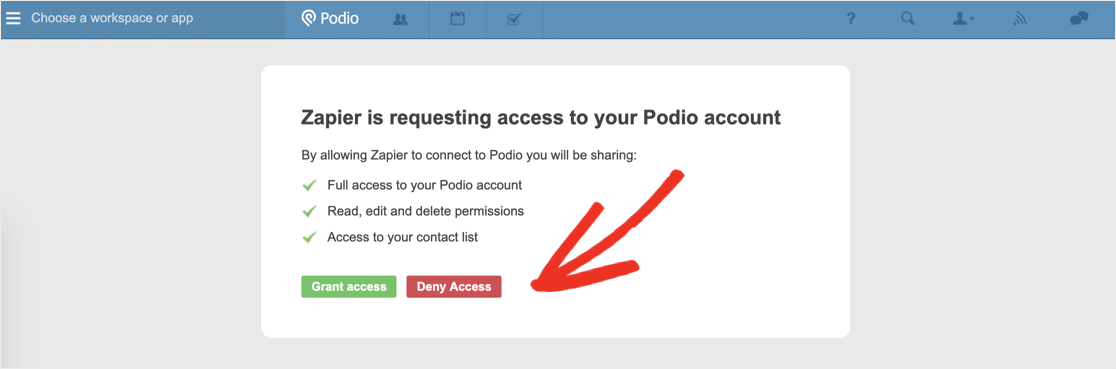 ZapierのPodioへのアクセスを許可する