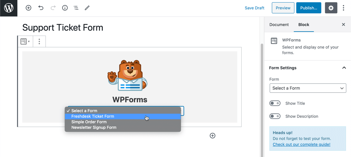 Freshdesk WordPress-Formular-Dropdown