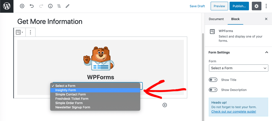 Pilih formulir WordPress Insightly di editor blok