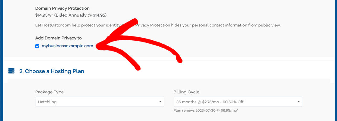 Kotak centang privasi domain di HostGator