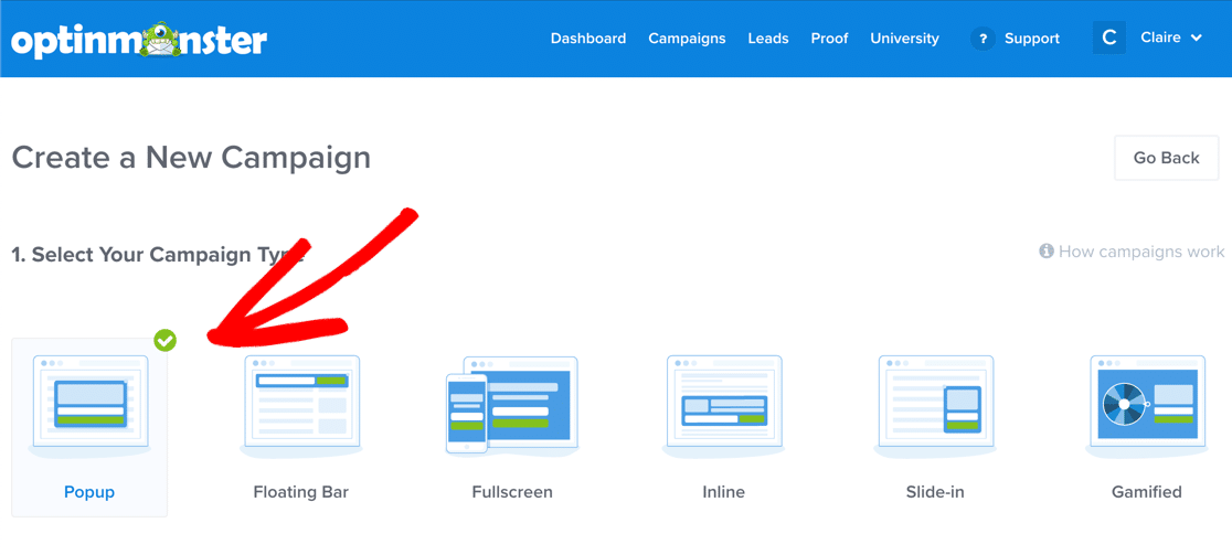 Sélectionnez Popup dans OptinMonster