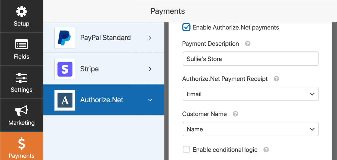 Configurações do formulário de pagamento da Authorize.net