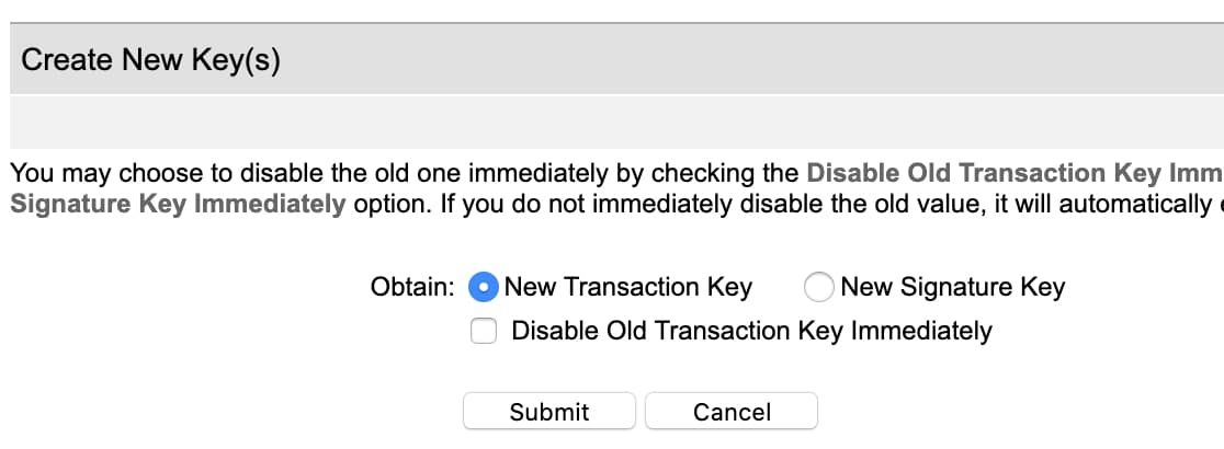 Créer une nouvelle clé de transaction dans le compte Authorize Net