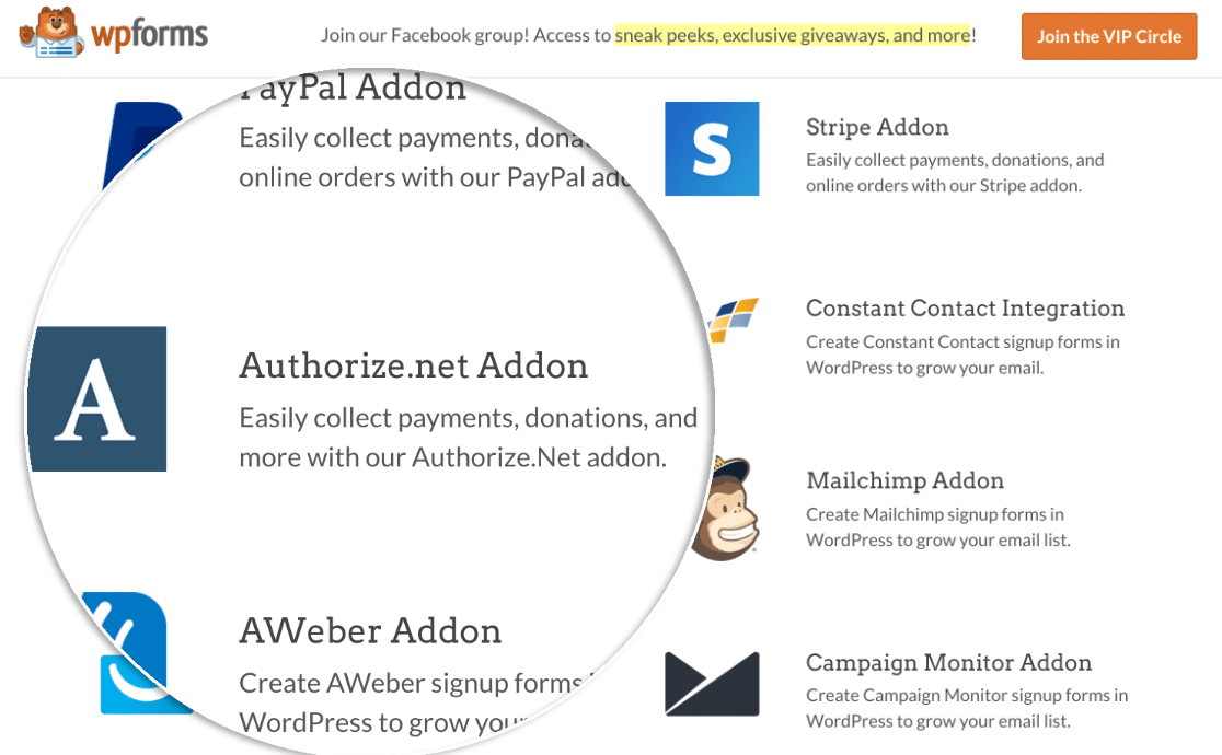 Complemento de formulario de pago WPForms Authorize.net