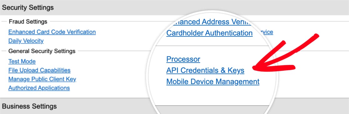 在 Authorize Net 帳戶中打開 API Credentials and Keys 頁面