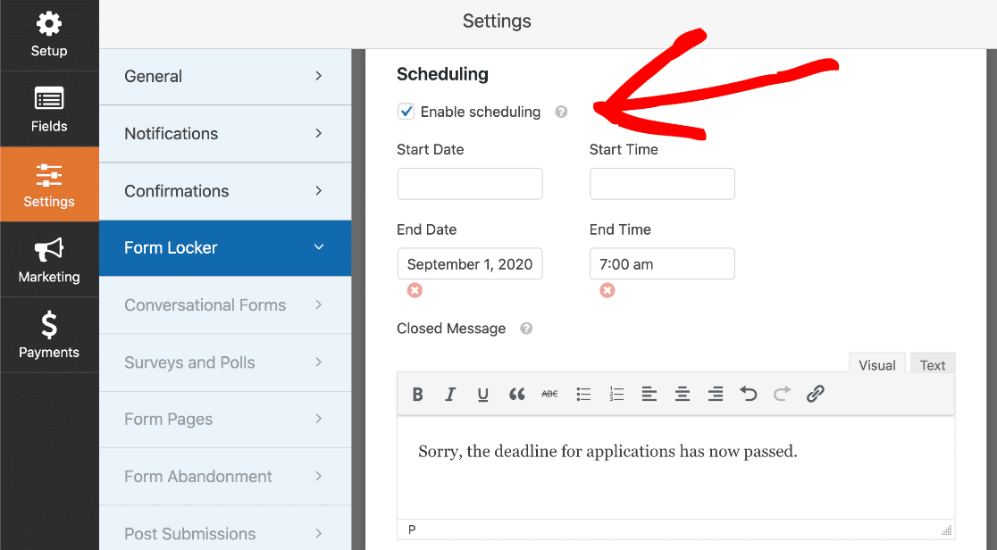 フォームでフォームの有効期限のスケジュールを有効にする