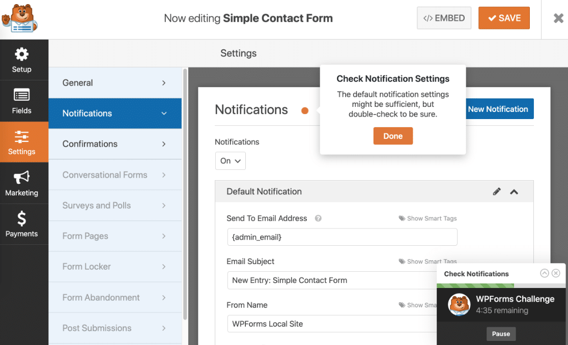 ตั้งค่าการแจ้งเตือนแบบฟอร์มในการท้าทาย WPForms