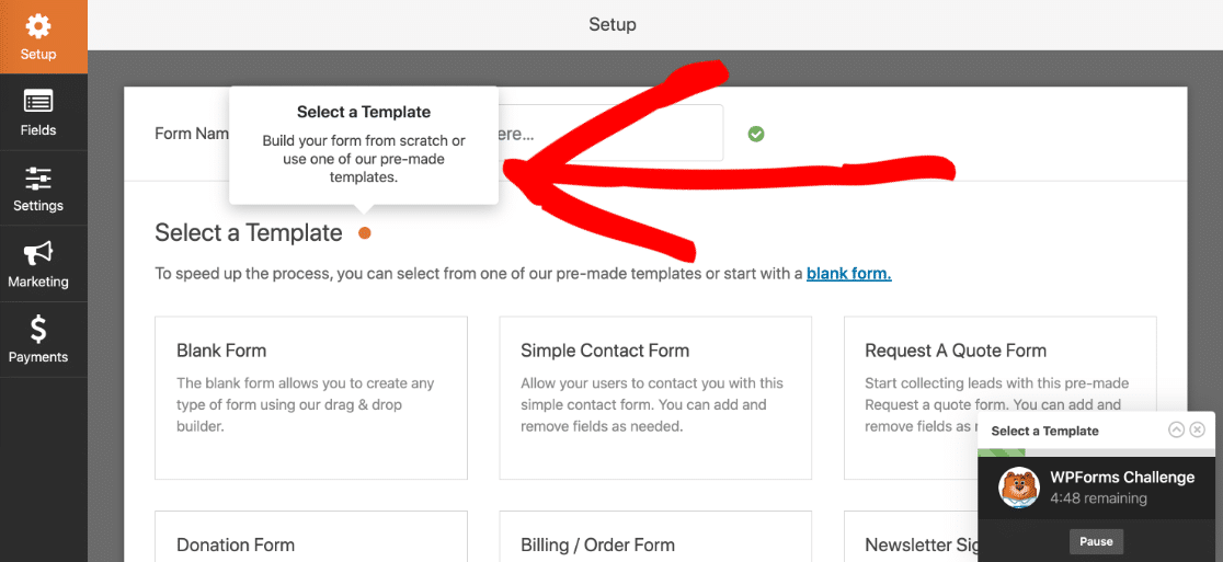 Pilih template di tantangan WPForms