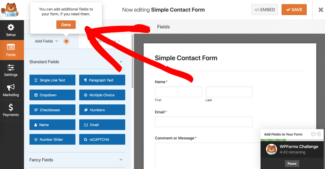 เพิ่มช่องแบบฟอร์มในการท้าทาย WPForms