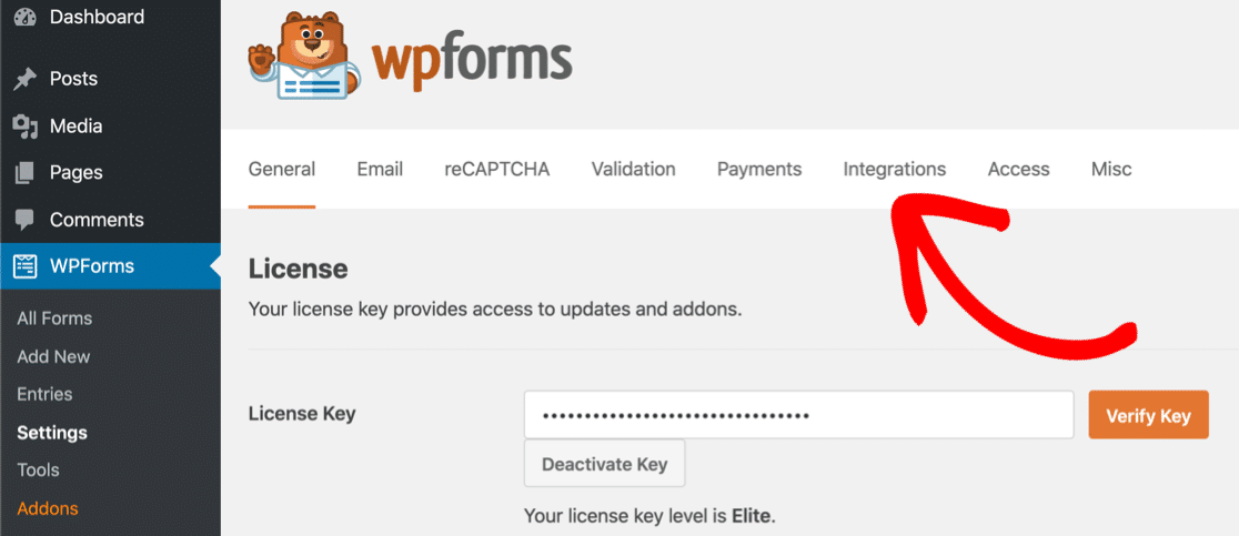 علامة تبويب التكامل في شاشة إعدادات WPForms