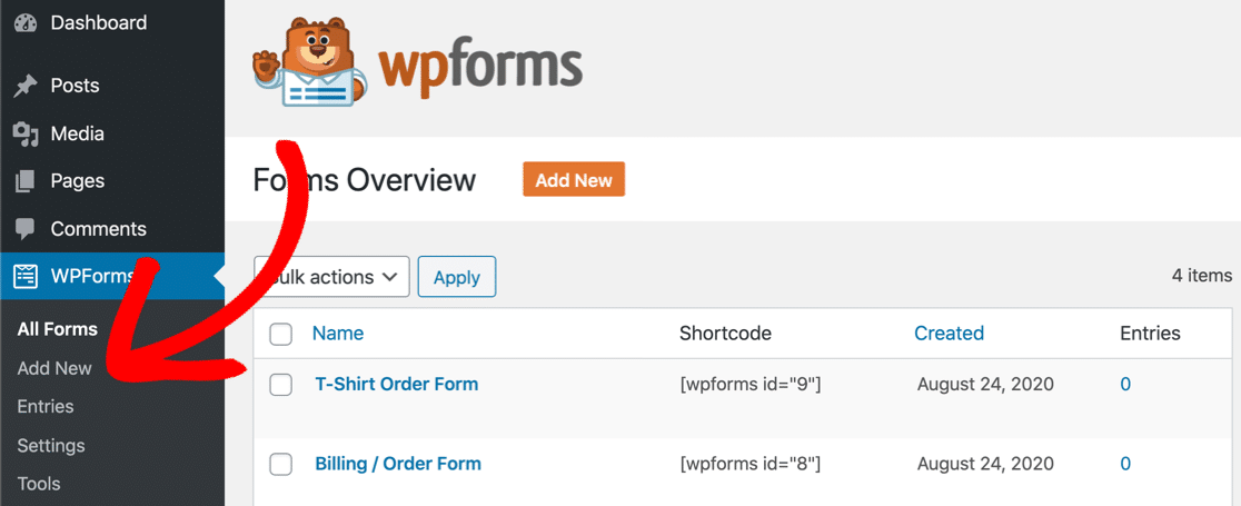 เพิ่มแบบฟอร์มที่กำหนดเองใหม่ใน WPForms