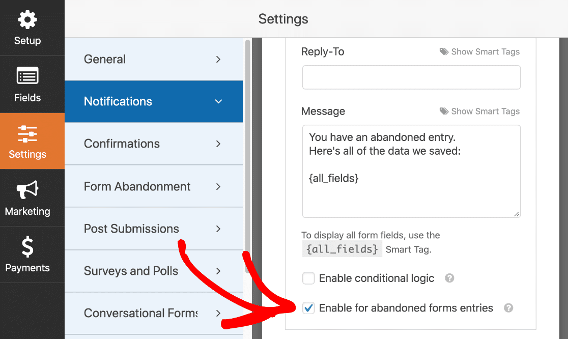 Configurar una notificación para un formulario abandonado