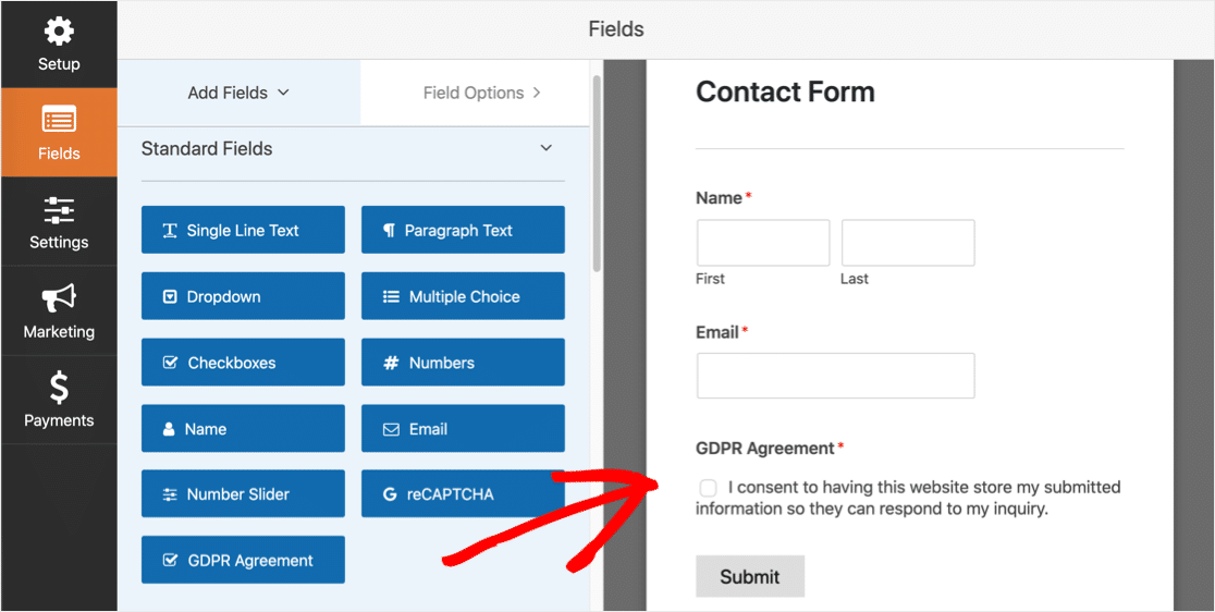 ฟิลด์ GDPR ในตัวสร้างแบบฟอร์ม