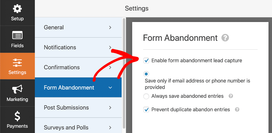 Configuración de abandono de formulario