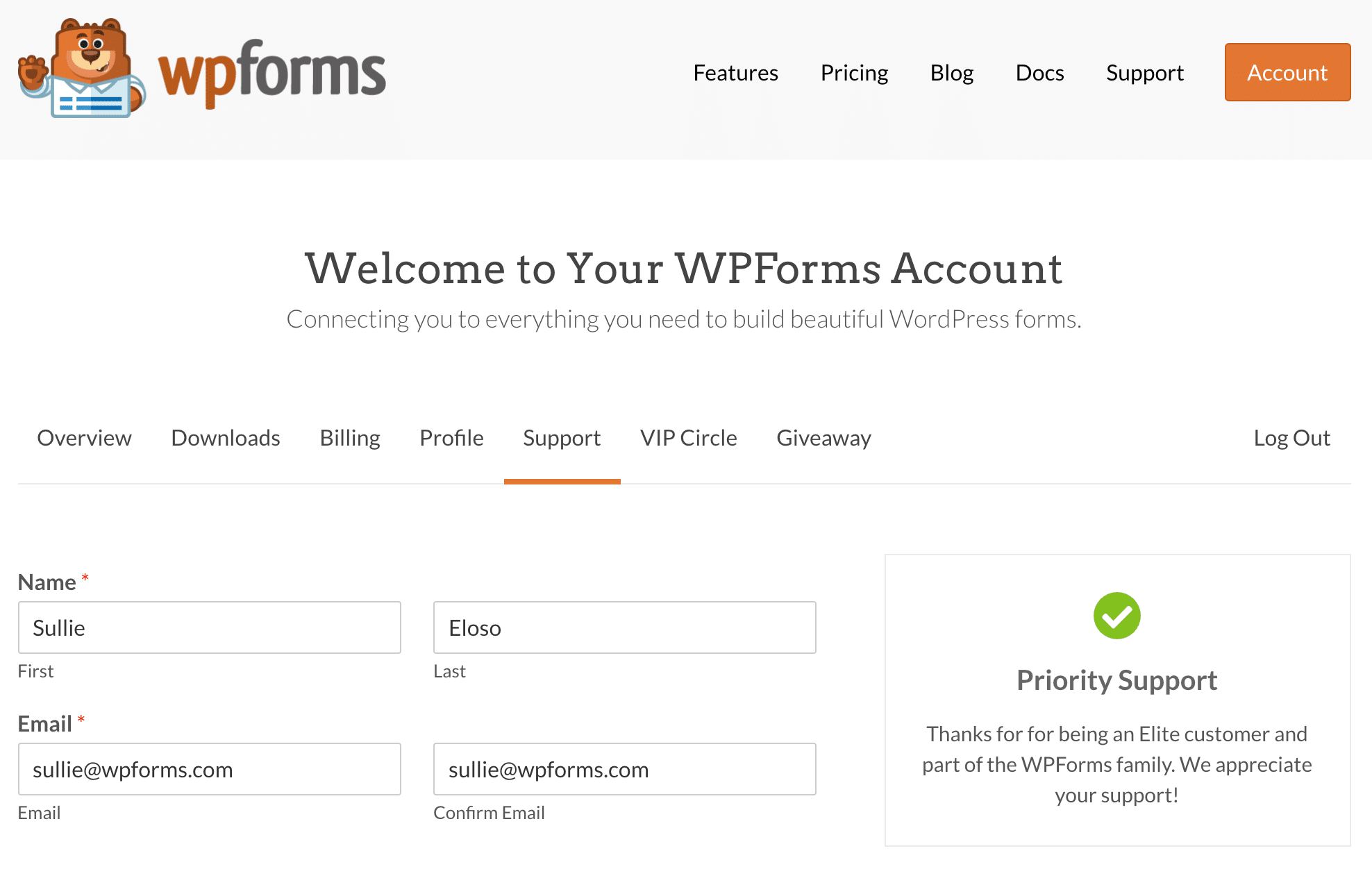 Ticket de soporte de WPForms para licencias pagas