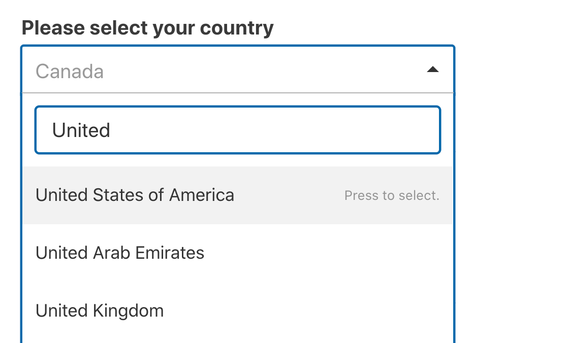 Suchen Sie in der Dropdown-Liste nach einem Land