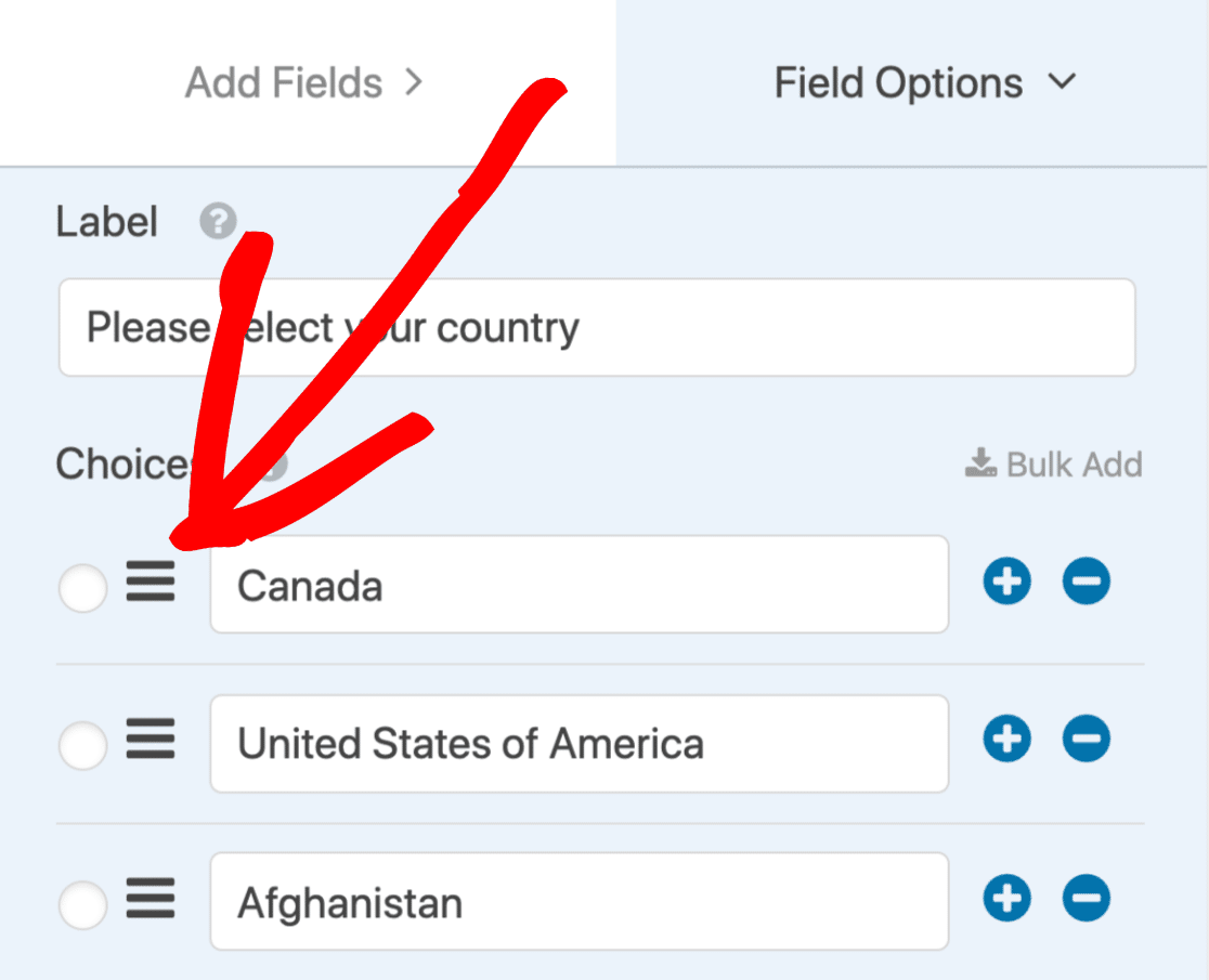 Faites glisser l'entrée dans la liste déroulante des pays