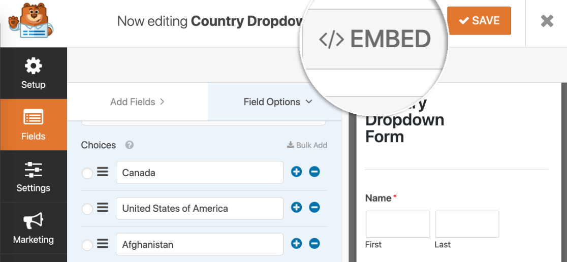 Betten Sie Ihre Länder-Dropdown-Liste ein, indem Sie auf die Schaltfläche klicken