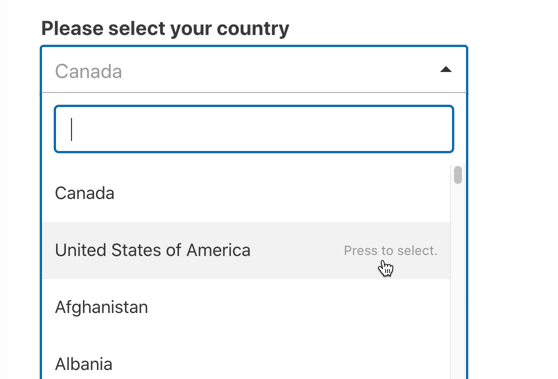 WordPressのドロップダウンリストから国を選択します