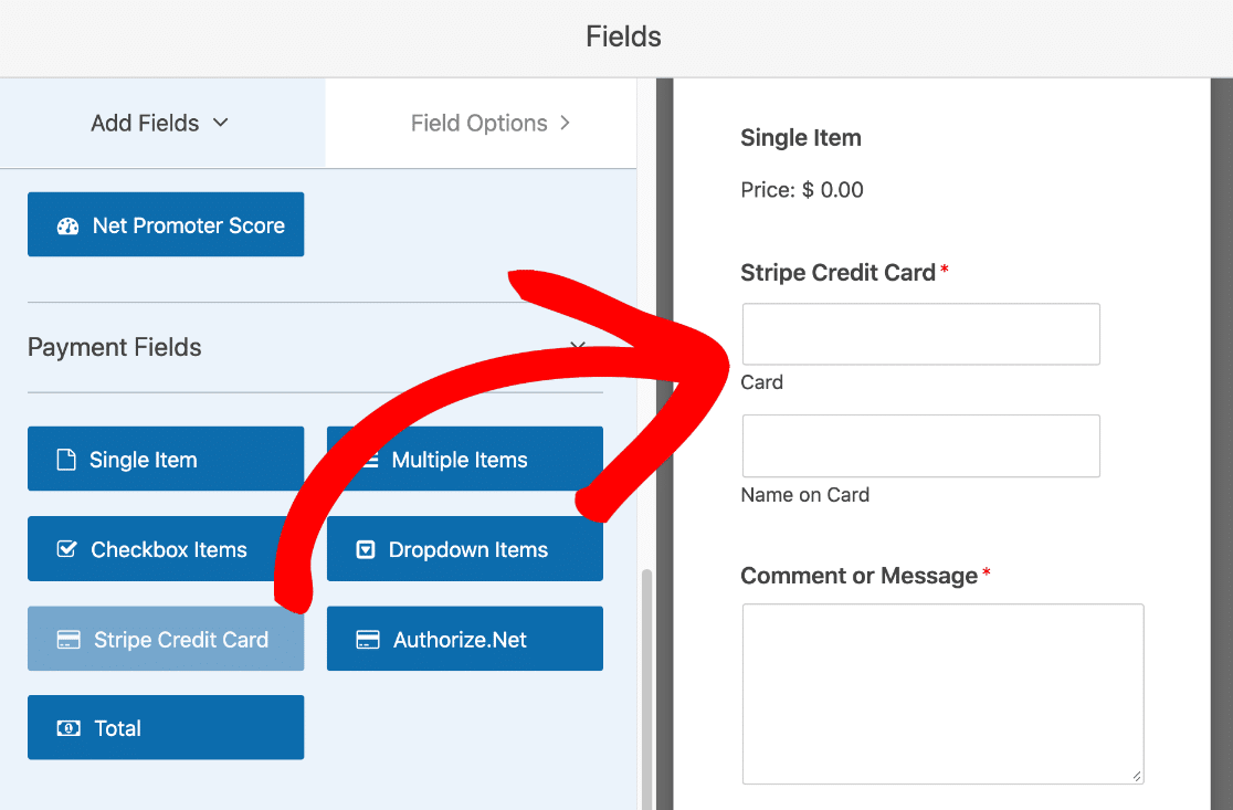 Trascina il campo della carta di credito Stripe sul modulo di caricamento del file