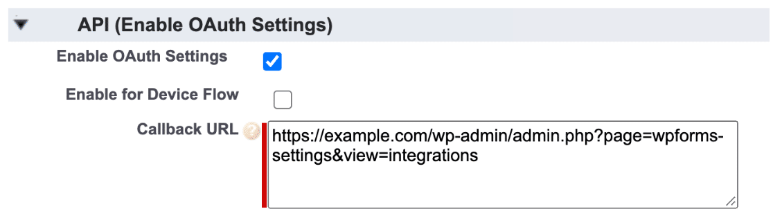 Pegue la URL de devolución de llamada de Salesforce desde WordPress