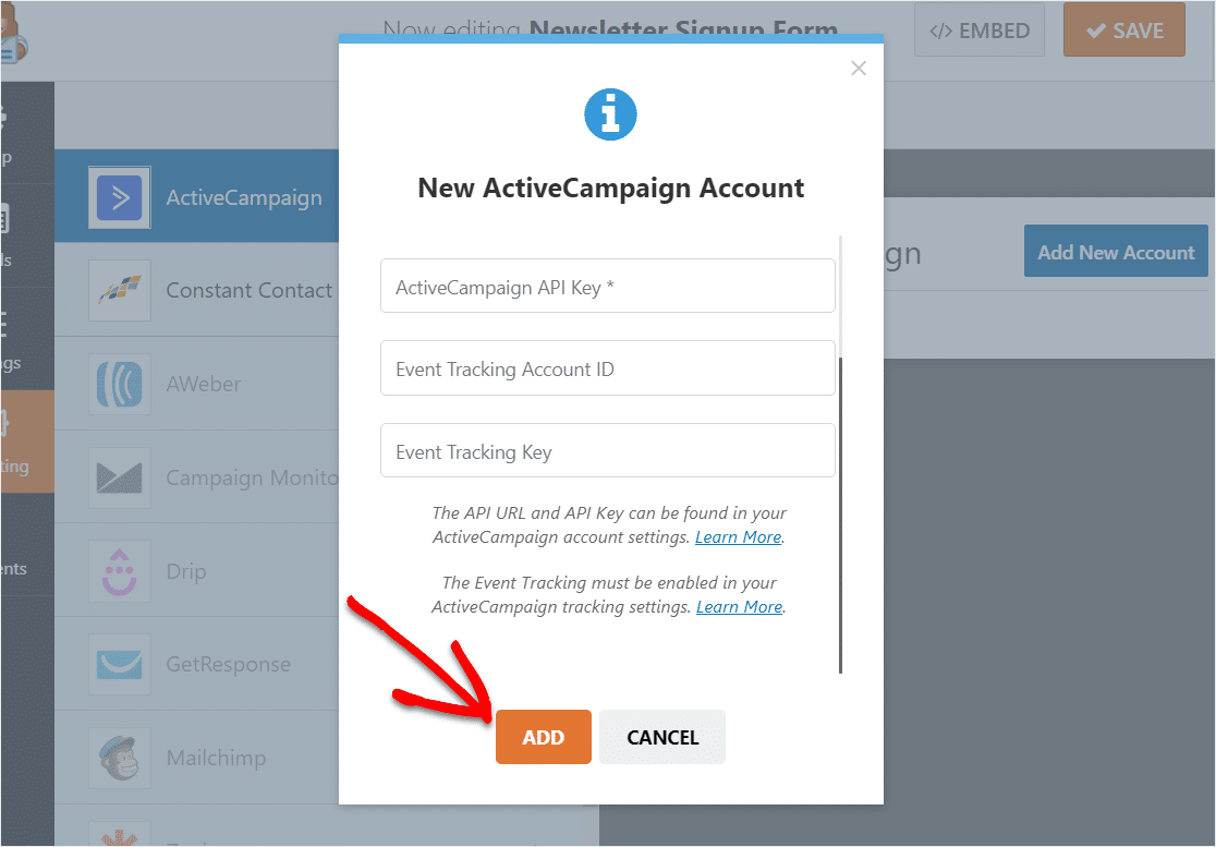 aggiungi un nuovo account activecampaign a wpforms