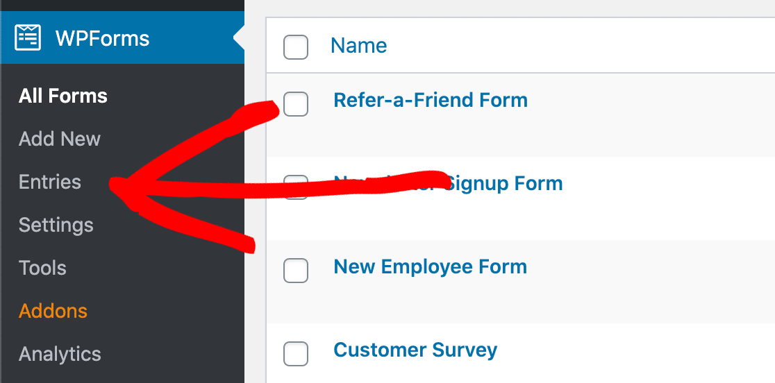 คลิกเมนูรายการ WPForms เพื่อส่งออกรายการแบบฟอร์มเป็น CSV