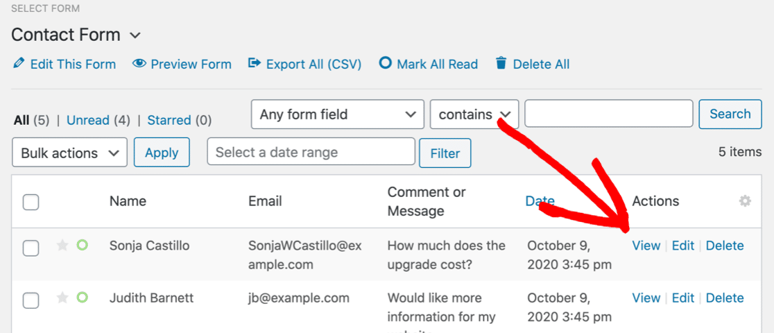 Formulareintrag zum Exportieren in CSV anzeigen