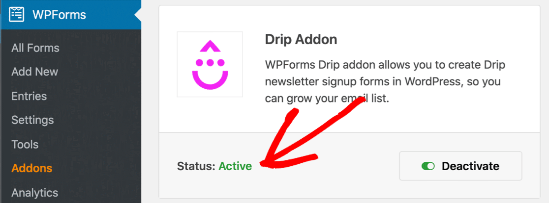 Плагин Drip WordPress активен в WPForms