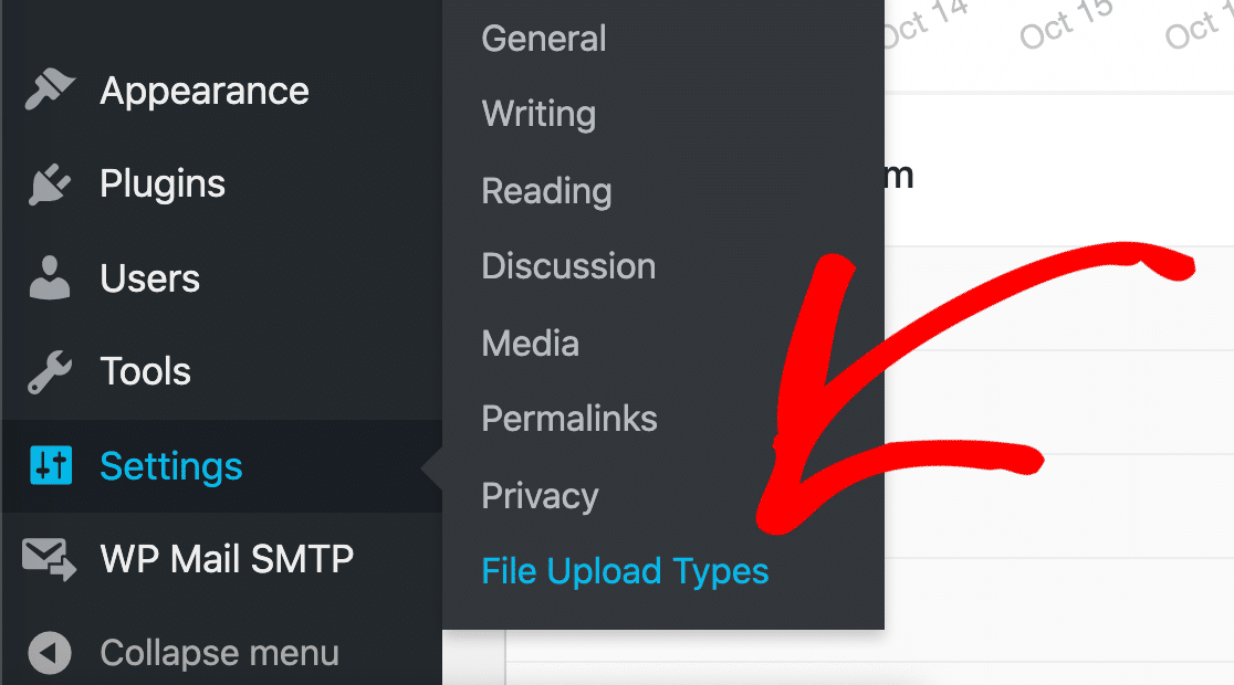 Fai clic sul menu Tipi di caricamento file WordPress per correggere il tipo di file non consentito