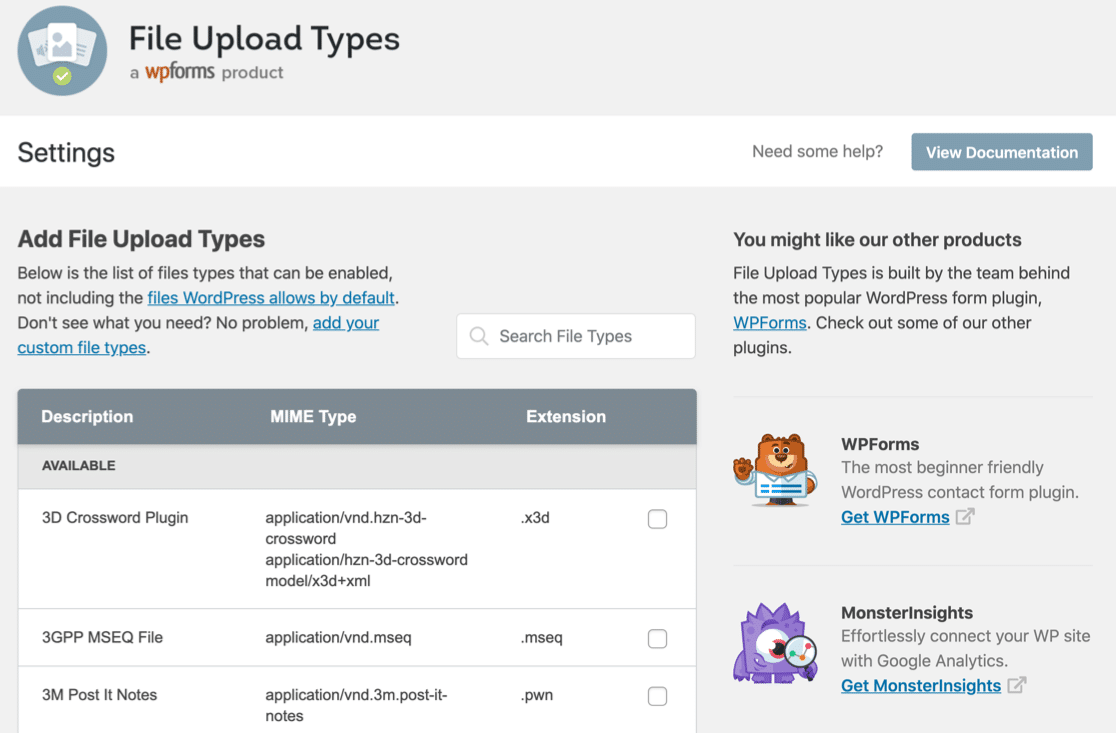 Plugin-Einstellungen für Datei-Upload-Typen