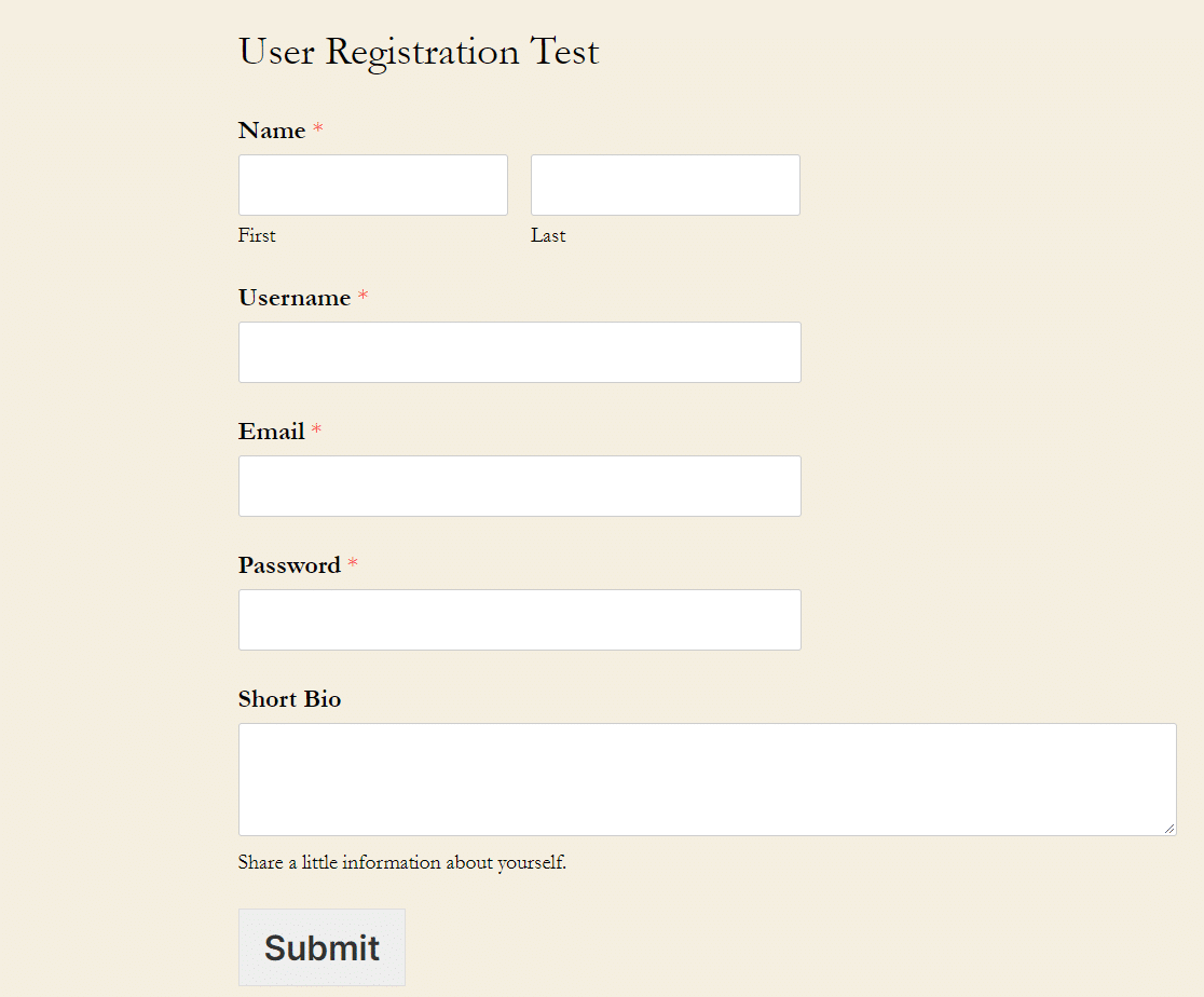 formulário de registro do usuário