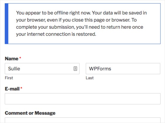 WPForms de mensagem em modo offline