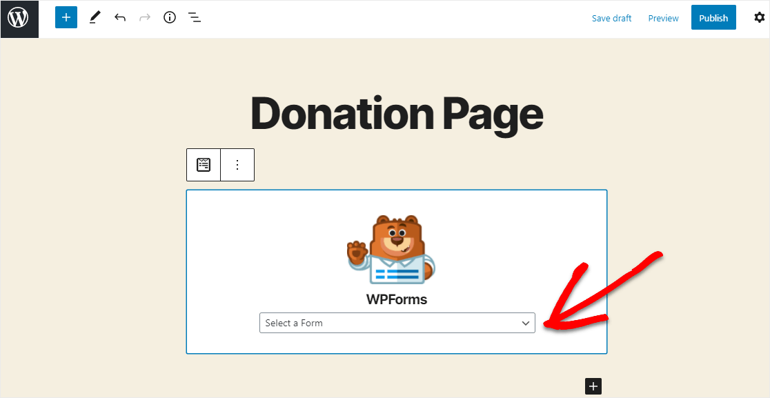 seleccione el formulario de donación en el menú desplegable de wpforms